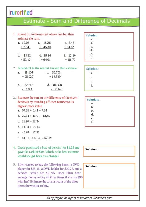 estimating sums and differences worksheet|Estimating Sums and Differences (Decimals) Worksheets.